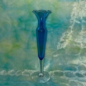 Vintage 1980 Blenko Azure Tall & Slender Art Glass Vase.